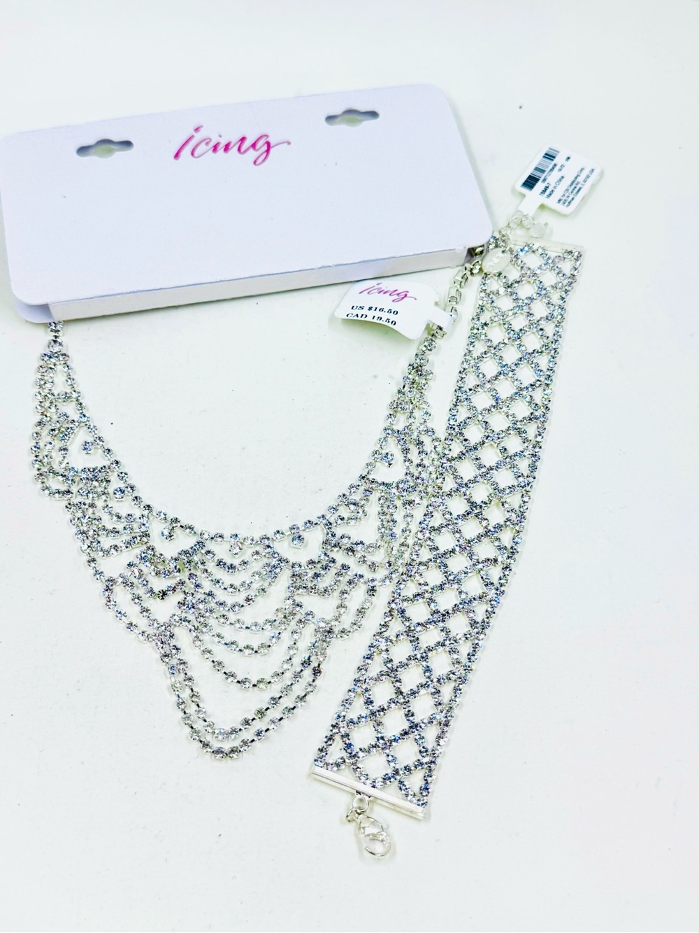 Icing Silver-Tone Layered Rhinestone Necklace W/ Matching Statement Bracelet NWT